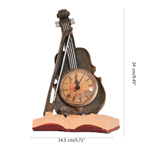 Violin Model Figurine Creative Table Clock Rests On Book Vintage 2