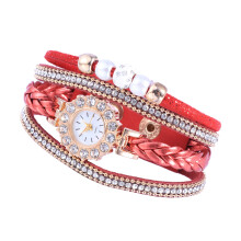 Women Weave Watch Studded Pearl Multi-Layer Bracelet (Red)