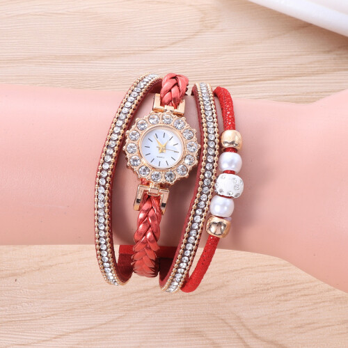 Women Weave Watch Studded Pearl Multi-Layer Bracelet (Red) 2