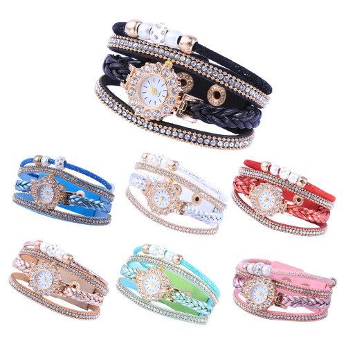 Women Weave Watch Studded Pearl Multi-Layer Bracelet (Red) 1