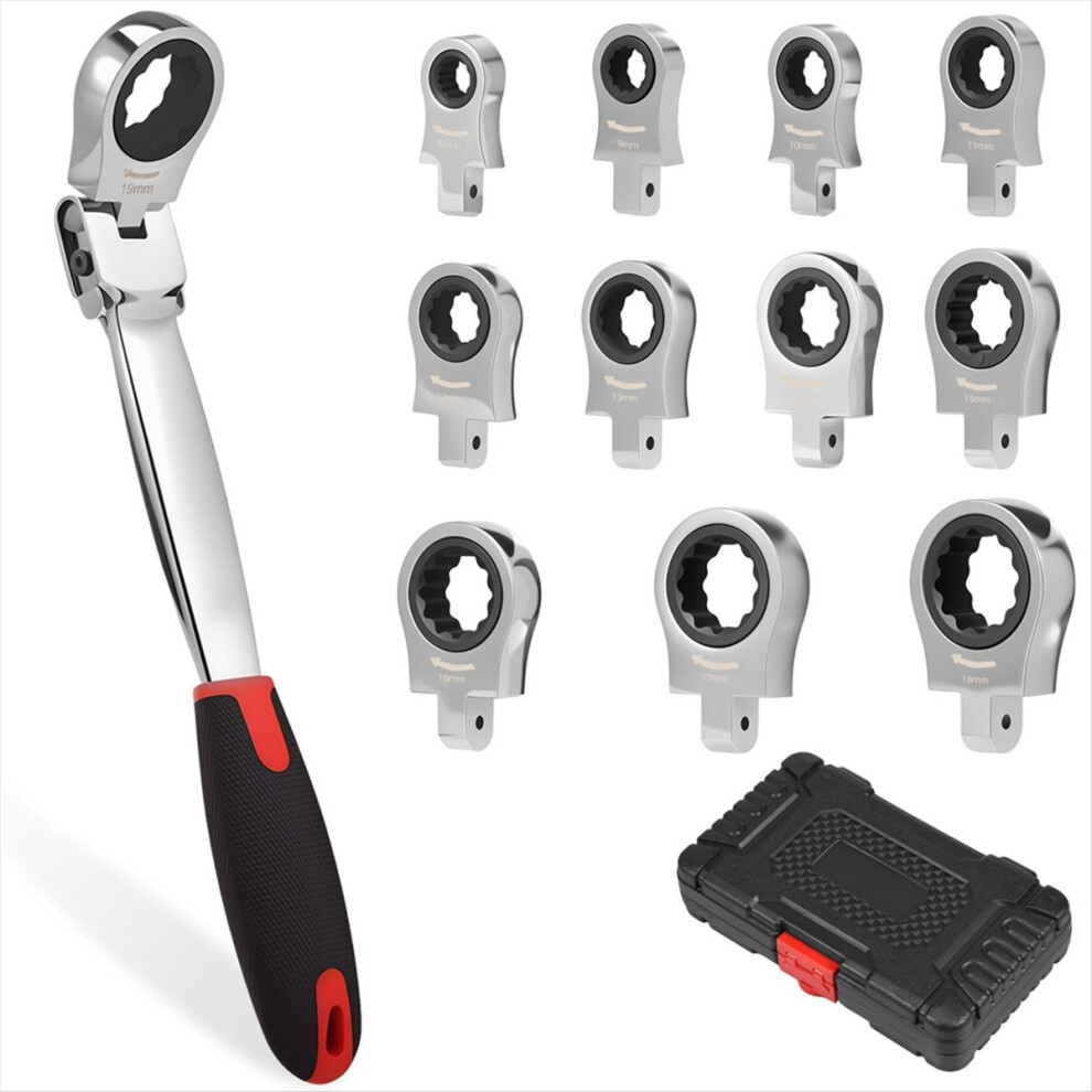 Flex Head Ratcheting Wrench Set, 8-19Mm Metric Ratchet Wrench Tool With Interchangeable Heads & Storage 4853277937588