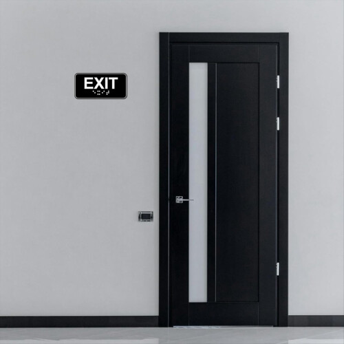 4pcs Exit Sign with Braille, 6x3in Emergency Exit Sign Plastic Exit Warning Signage with Adhesive Mounting Strips 1