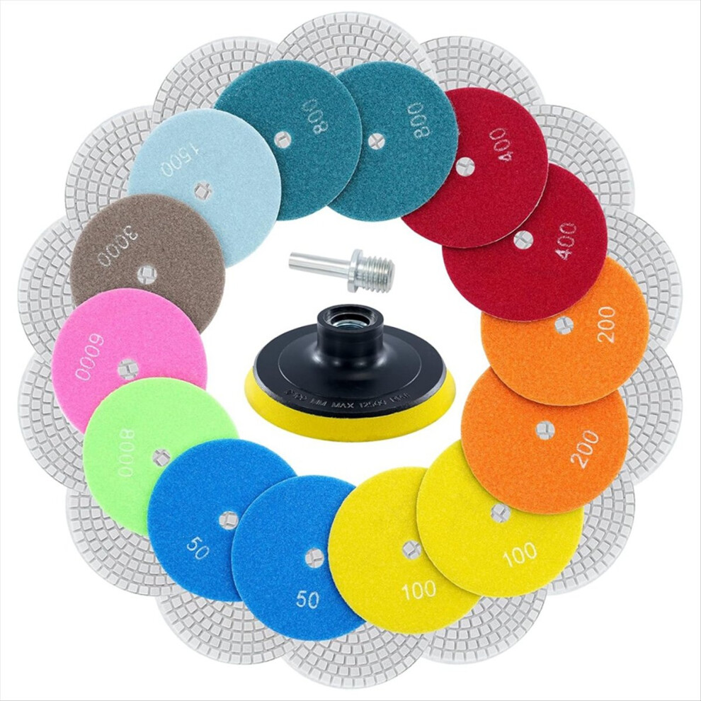 16Pcs 4Inch Diamond Wet Polishing Pads With Backer Pad,50-6000 Grit Pads,Wet/Dry -Polish Kit For Drill Grinder 4851755684207