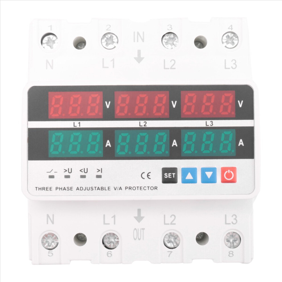 3 Phase Adjustable Over And Under Voltage Protector Voltmeter Ammeter Monitor 3P4w Din Rail Current Limit Protection 63A 4851755604021