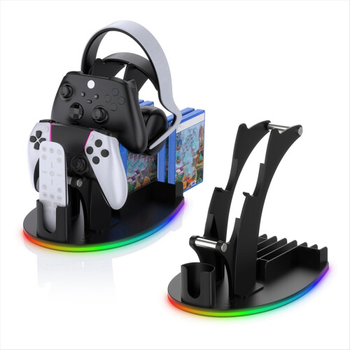 Support de rangement de bureau avec éclairage RGB pour manette, casque, poignée, télécommande et disque - Blanc 1