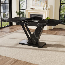 Telescopic Dining Table with Black Marble Pattern