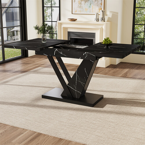 Telescopic Dining Table with Black Marble Pattern