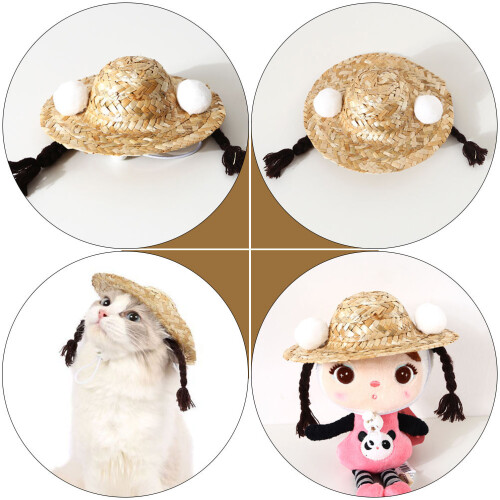 1Pc Pet Straw Woven Hat with Braid Decor Assorted Color Summer Shade 1