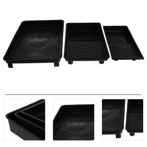 3Pcs Stackable Black Plastic Paint Trays with Brush and Roller Holder 1