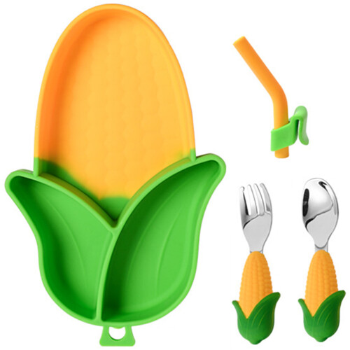 Silicone Suction Plate Set With Divided Sections Fork Spoon And Straw 2