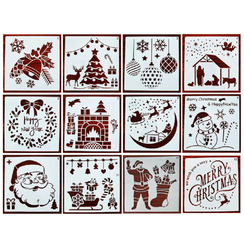 12pcs Christmas Drawing PET Templates Resuable DIY Graffiti