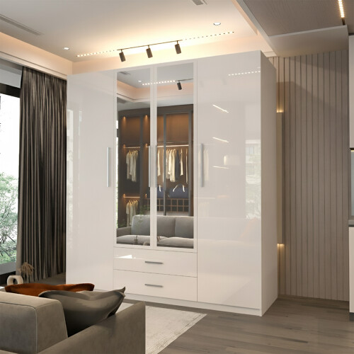 MN Furniture (White) Modern 4 Door High Gloss Hinged Wardrobe 1