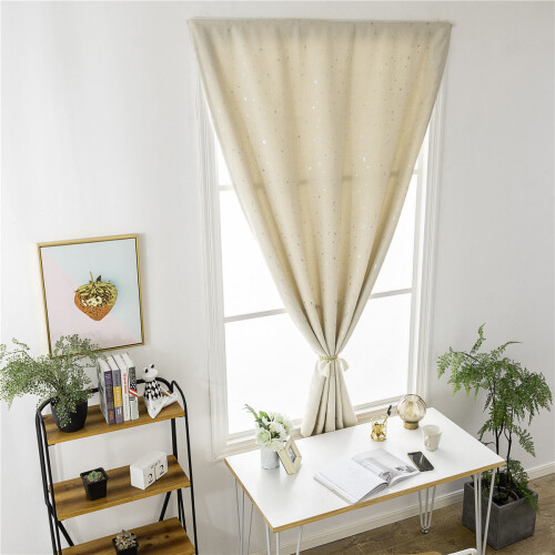 1Pc Beige Blackout Curtain Punch Free Silver Star Decor Window Drape 2
