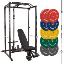 GYM MASTER GM1 Power Rack Set with Bench Barbell and Coloured Bumper Weight Plates