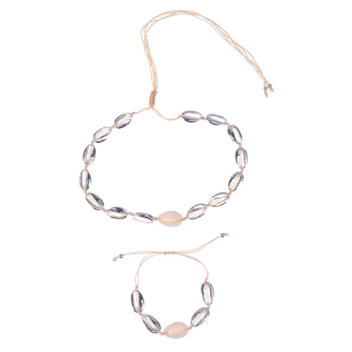 2 Peças Colar E Pulseira Ajustáveis Com Pingente De Concha Prata