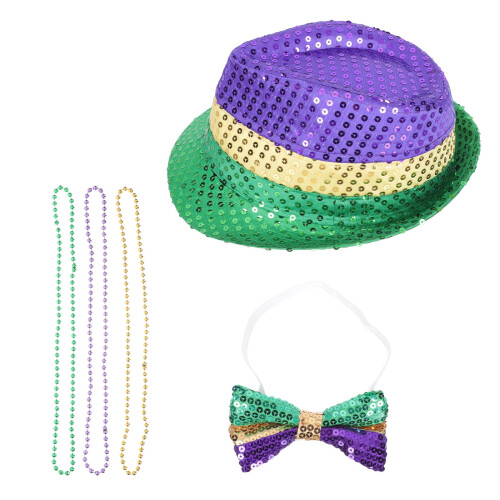 Conjunto De Gravata Dia De Mardi Gras Com Chapéu E Colar