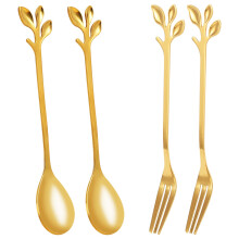 Crockery Gold Leaf Coffee, Pack of 4 (2, 2 Forks) Small Demitasse Espresso and Appetizer Dessert Set, 4.7 Tea Set Ref: 1256