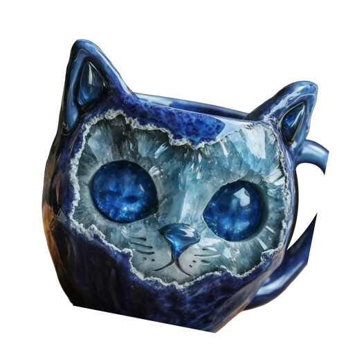 Handmade Resin Geode Crystal Cats Face Coffee Mugs Unique-Blue