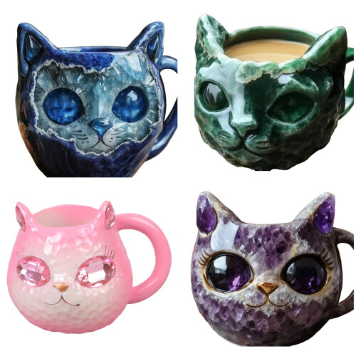 Handmade Resin Geode Crystal Cats Face Coffee Mugs Unique-Blue 1