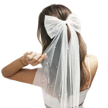 Soft Tulle Short Bridal Veil With Hair Clip Beadwork Pearls Bowknot Design For Wedding Party And Formal Event