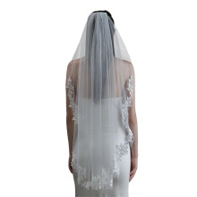 1 Tier Soft Tulle Applique Bridal Veils With Comb Fingertip Length 100 Ivory