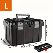 (L-black) Large Heavy-Duty Portable Toolbox with Thickened ABS Lockable Lid & Key Lock - Heavy-Duty Waterproof Plastic Storage Box