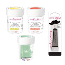 3 coloranti alimentari in polvere corallo/giallo pastello/verde acqua + penna per glassa nera