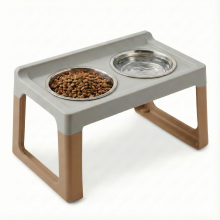 (Mochaccino) Elevated Pet Feeder Stand with Double Metal Bowls Raised Dog Cat Food Station