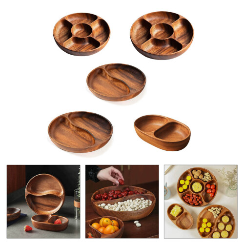 Wood Divided Servings Tray Dinner Platters Round Snacks-Style B 2