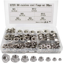 Durable Assortment Kit, Serrated Flange Nuts 200 Pieces A2-70 Stainless Steel Hex Lock Nuts Industrial Construction Corrosion Resistance for General P