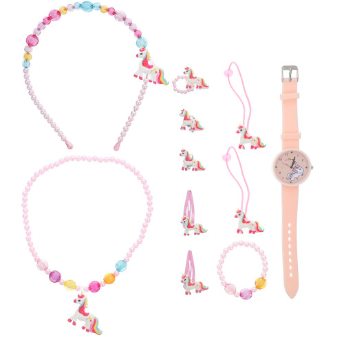 1Conjunto Kit Relógio Unicornio Rosa Brinquedos Para