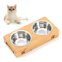 Raised Cat Bowls with Stand Cat Feeding Station Bamboo Base 2 Stainless Steel Bowls Elevated Cat Food Bowls Small Puppy