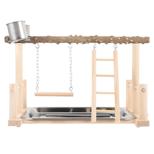 1Set Mehrfarbiger Vogelstand Holz Papageiensitz Mit Doppelfutterschale 1