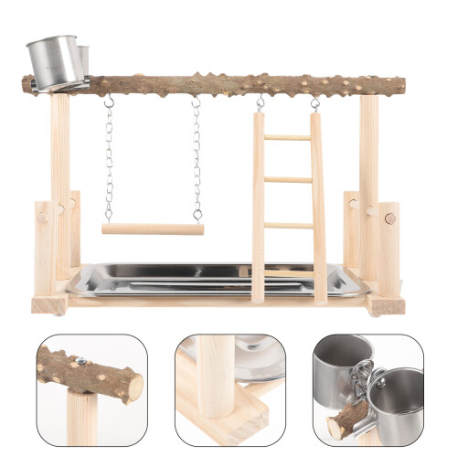 1Set Mehrfarbiger Vogelstand Holz Papageiensitz Mit Doppelfutterschale 2
