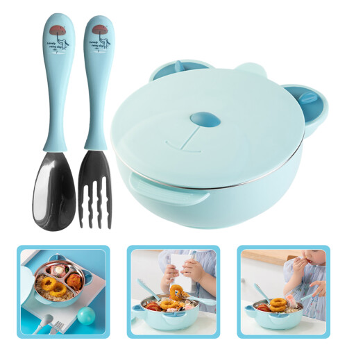 1Conjunto Tigela Infantil Azul Aço Para Comida E 2