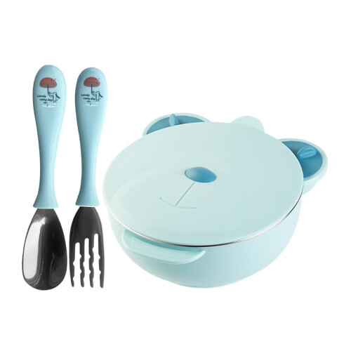 1Conjunto Tigela Infantil Azul Aço Para Comida E 1