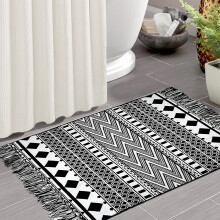 Moderna bohemiska mattor, halkfri geometrisk matta med låg lugg, slitstark och husdjursvänlig flätad bomullsmatta, 60x90 cm, svart och vit