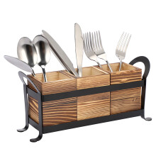 3Piece Cutlery Tray Wooden Metal Basket Holder Utensil Organiser Kitchen