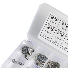 Conjunto de anéis de retenção tipo E, solução de fixação em aço inoxidável para engrenagens e rolamentos, caixa plástica transparente para