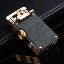 Vintage Grinding Wheel Kerosene Lighter Windproof Leather Engraved Green Flame Rocker Arm Fuel Not Included For Men