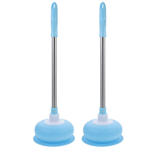 2Pièces Ventouse Déboucheur Bain Wc Longue Acier Bleu 1