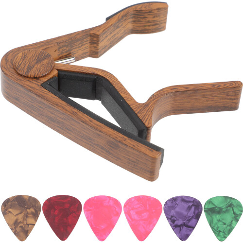 1Set Clip Capotasto in Metallo E Plettro Per Chitarra Marrone