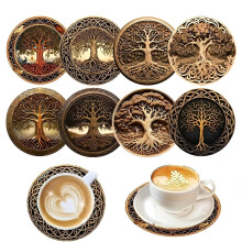 2D Flat Tree Of Life Wooden Coasters Set Of 8, Balsa Wood Mats & Cork Coasters, Non-Slip Table Protector, New Home Gift
