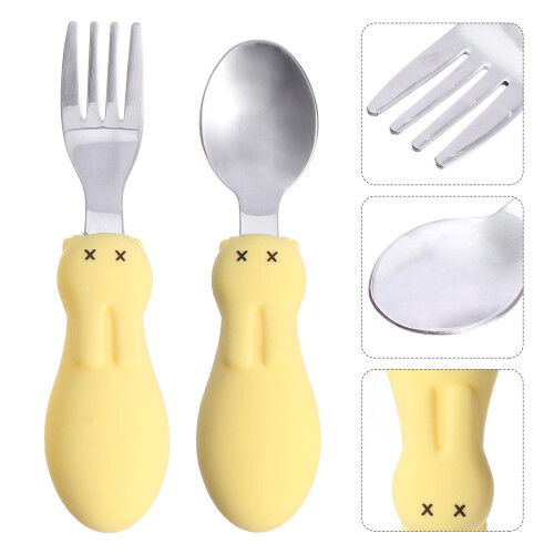 1Conjunto Colheres Garfos Bebê Silicone Aço Coelho 1