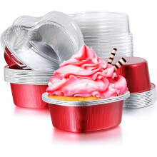 Herzförmige Backförmchen, Dessertförmchen aus Folie mit Deckel, vielseitig einsetzbar für alle Feierlichkeiten, mühelose Reinigung