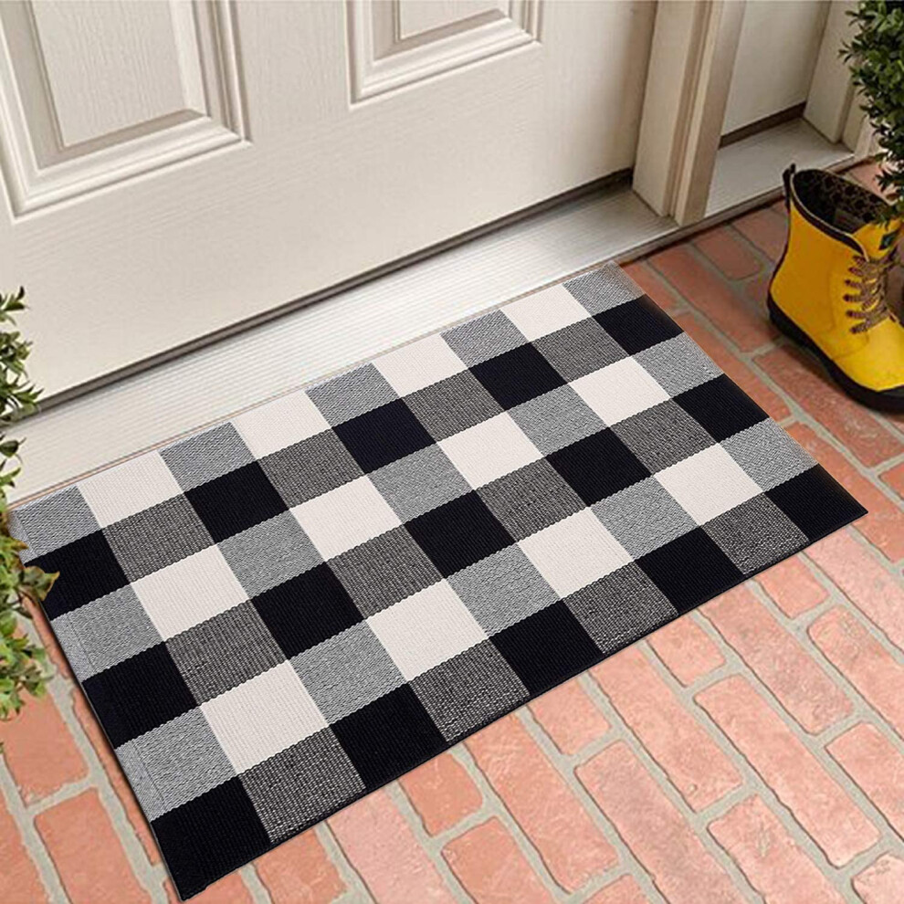 Soft Cotton Blend Buffalo Plaid Check Rug, Washable Woven Design Provides Functionality For Indoor Welcome Mats And Outdoor Doormat, Ideal For Enhanci 9198585778597