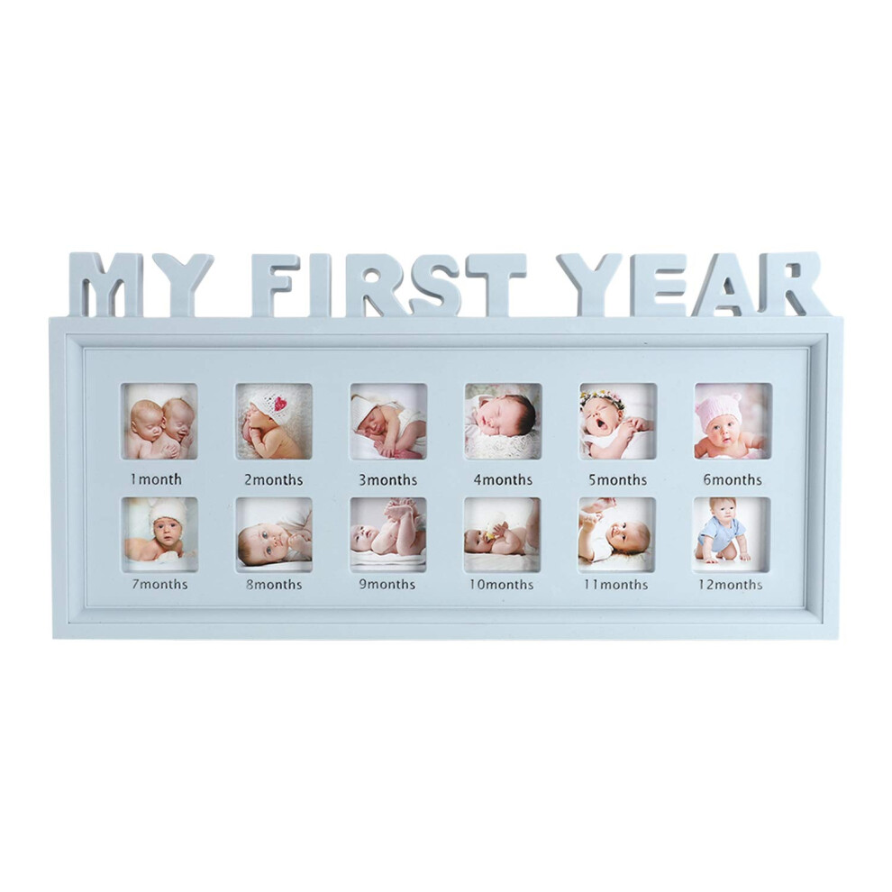 Baby Picture Frame My First Year Picture Gallery Photo Gallery 12 Photo Cutouts for Photos 12 Collage Photo Frame Memory Baby Birth Gift blue