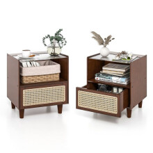 Mesas de cabeceira - HELLOSHOP26 - Conjunto de 2 - Armazenamento oculto - Vidro temperado - Design em bambu e rattan
