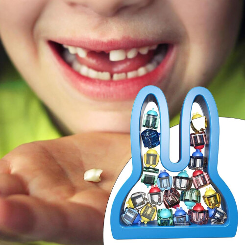 storage box for teeth with labels, rabbit shape, growth record, keepsake, blue 1