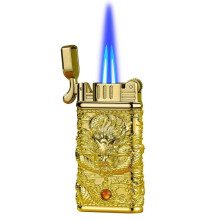 Vintage Embossed Lighter Double Flame Jet Flame Lighter Metal Butane Refillable Adjustable Flame Outdoor Gift For Men